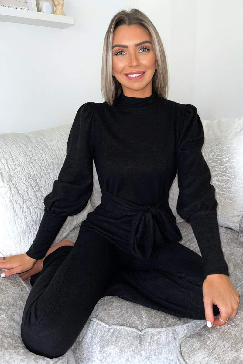 Black Puff Sleeve Soft Touch Lounge Set – AX Paris