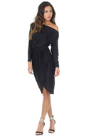 Black Relaxed Shoulder Wrapped Midi Dress