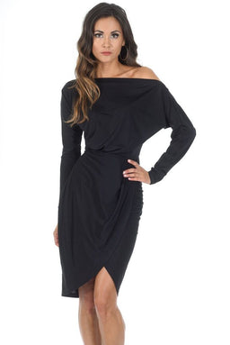 Black Relaxed Shoulder Wrapped Midi Dress