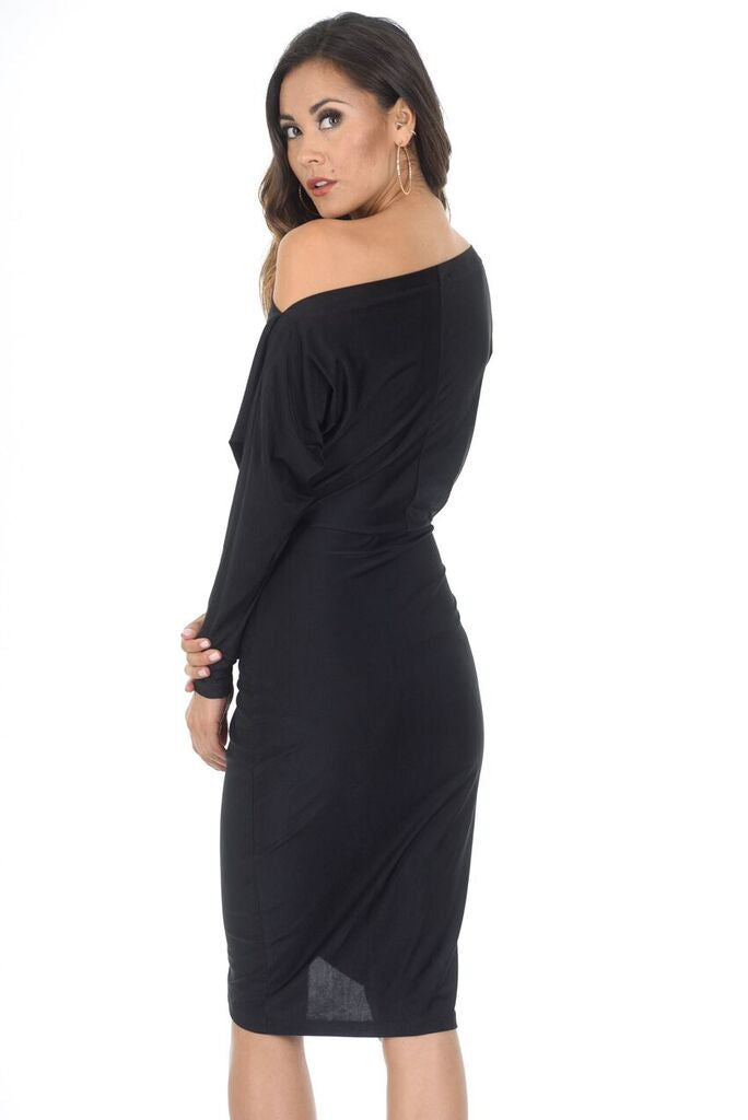 Black Relaxed Shoulder Wrapped Midi Dress