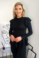 Black Ribbed Frilled Hem Lounge Suit