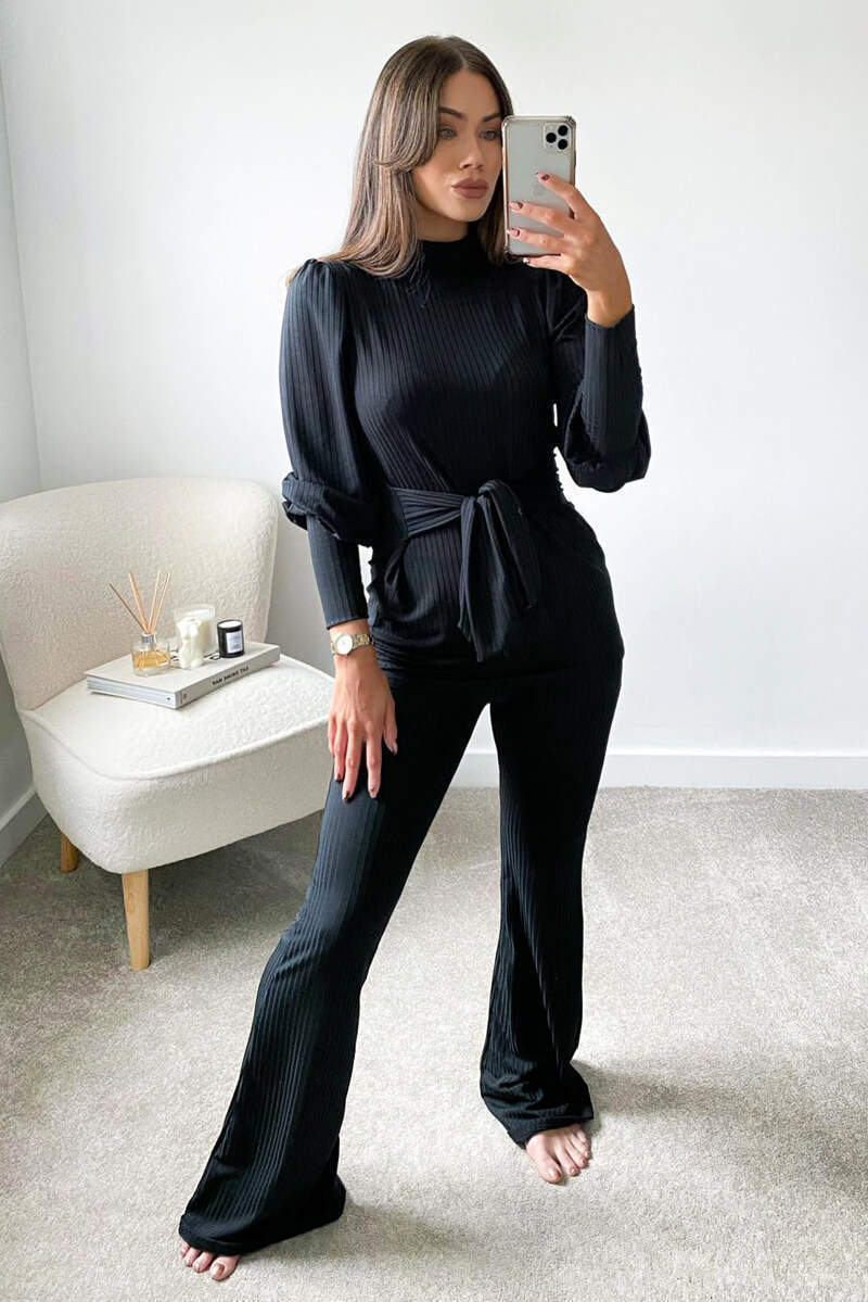 Black Ribbed Tie Waist Lounge Set