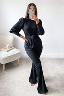 Black Ribbed Tie Waist Lounge Set