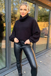 Black Roll Neck Balloon Sleeve Knitted Jumper