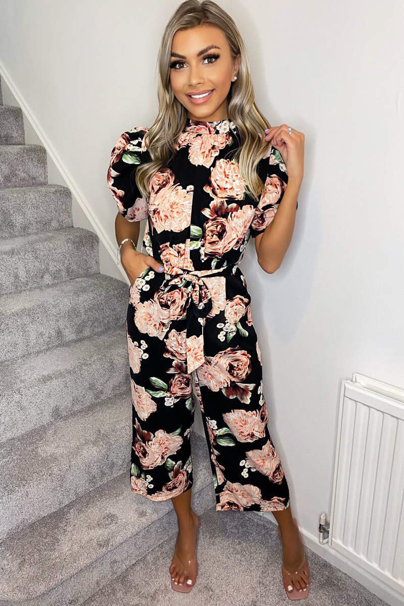 Black Rose Print Puff Sleeve Tie Waist Jumpsuit