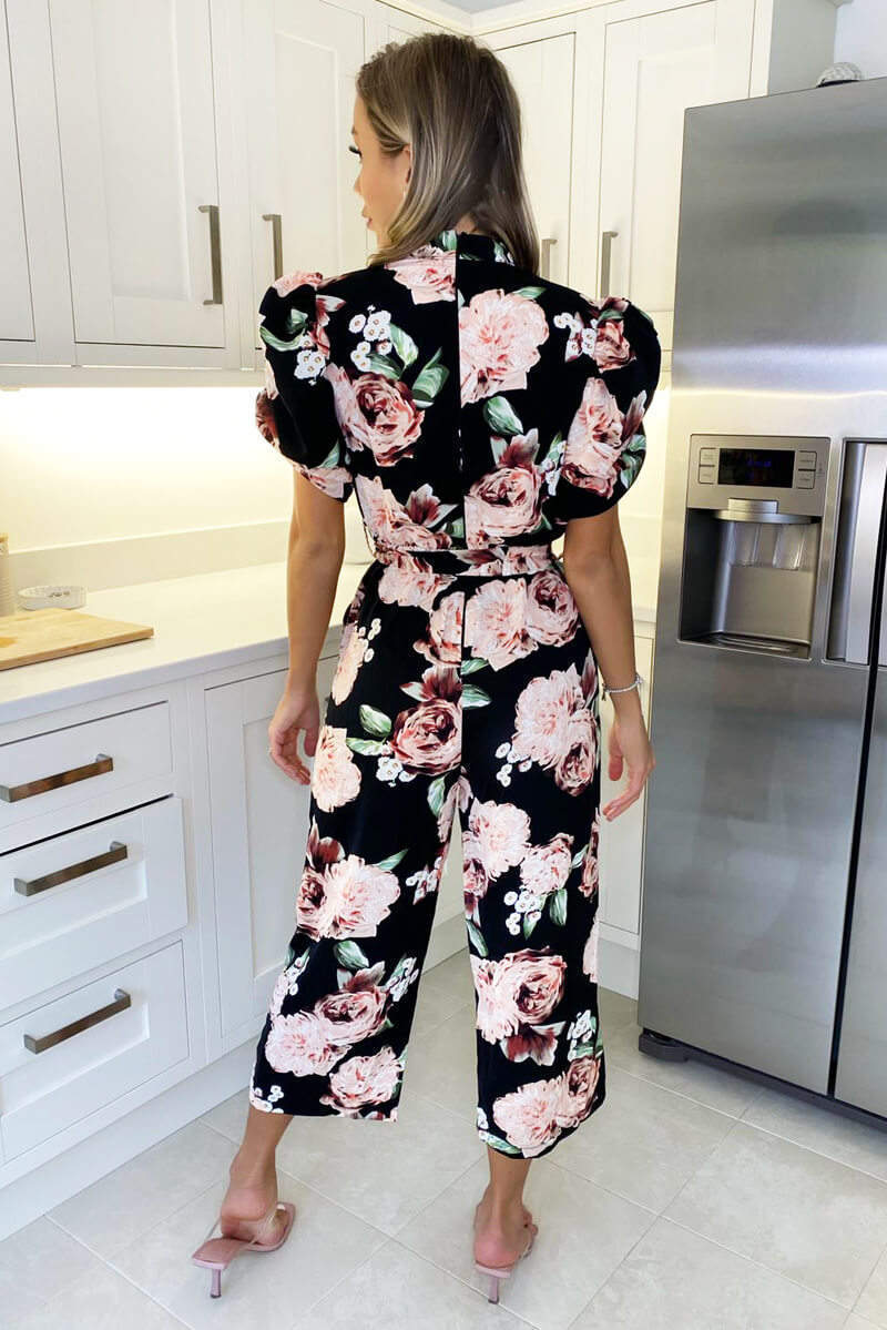 Black Rose Print Puff Sleeve Tie Waist Jumpsuit