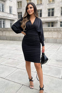 Black Ruched Bat Wing Sleeve Midi Dress