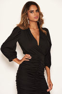 Black Ruched Bodycon Dress With Cut Out Back