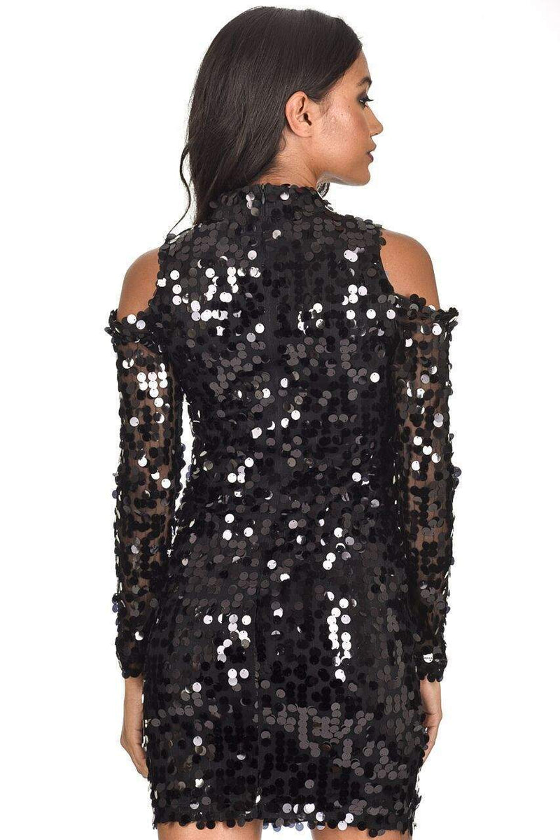 Black Sequin Cut Out Shoulder Dress