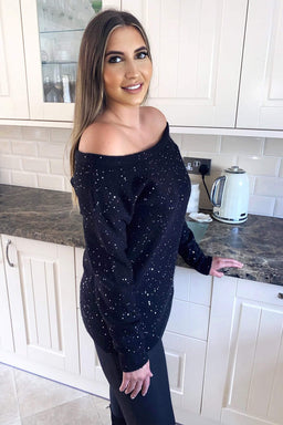 Black Sequin Off The Shoulder Knit Jumper