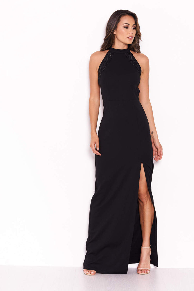 Black Sequin Panel Detailing Maxi Dress With Thigh Split