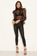 Black Sheer Polka Dot Puff Sleeve Top