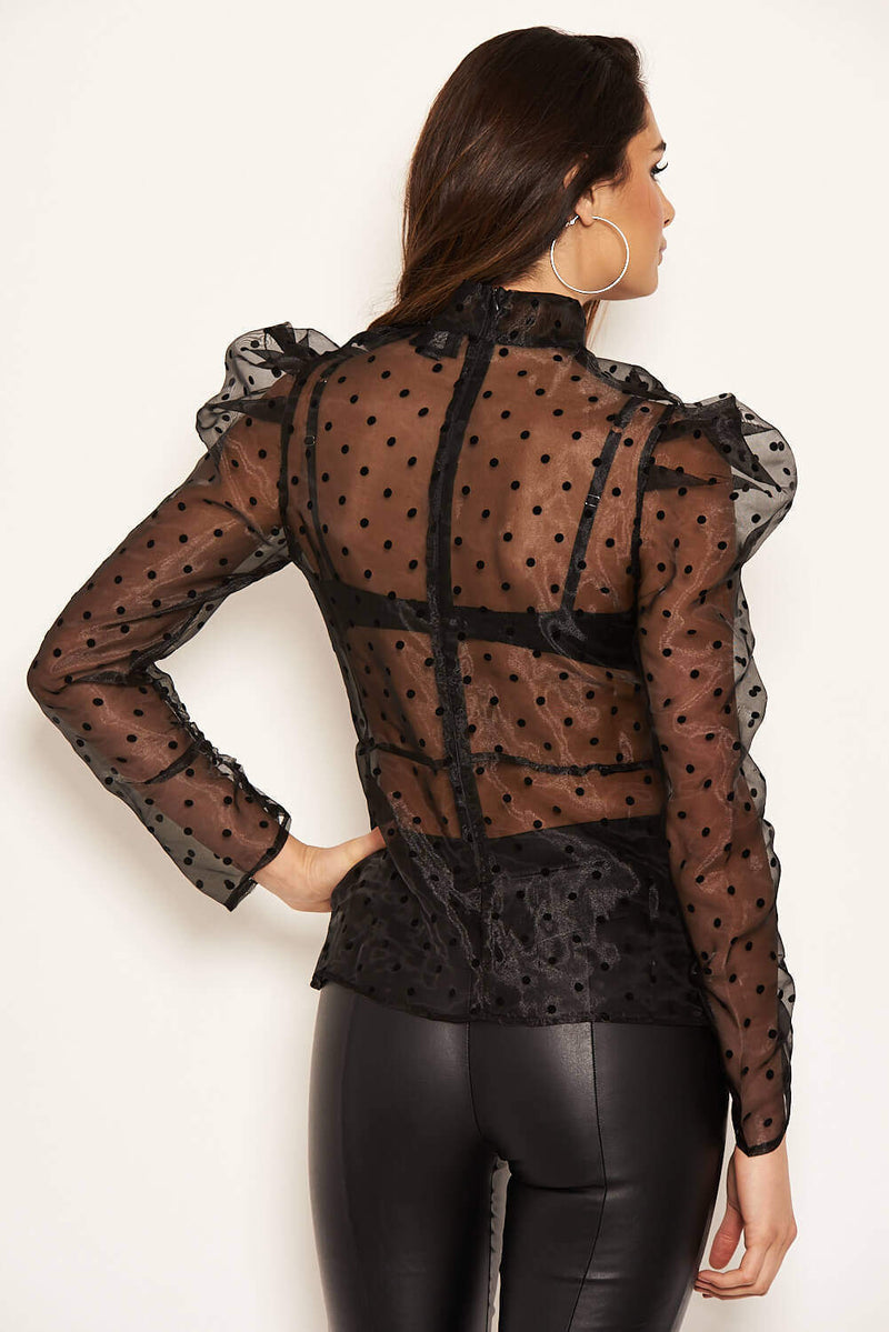 Black Sheer Polka Dot Puff Sleeve Top