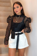 Black Sheer Polka Dot Puff Sleeve Top