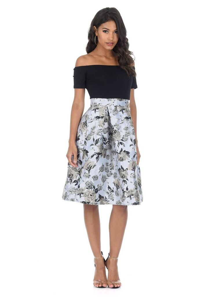 Black/Silver Contrast 2 In 1 Floral Dress