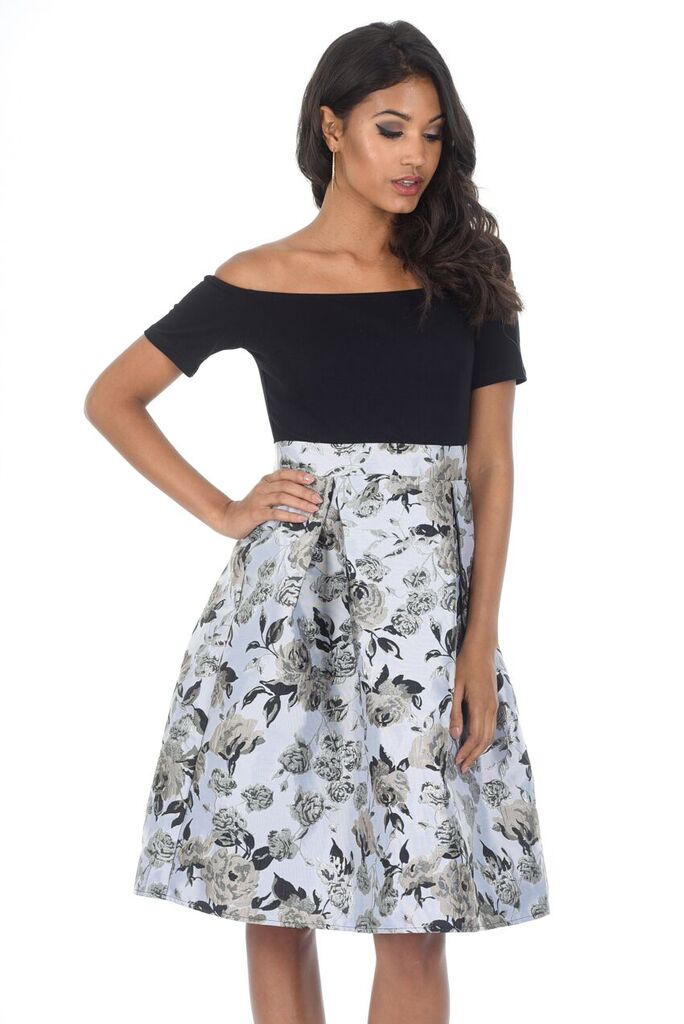 Black/Silver Contrast 2 In 1 Floral Dress