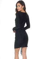 Black Slinky Long Sleeve Ruched Dress