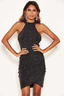 Black Sparkle High Neck Ruched Dress