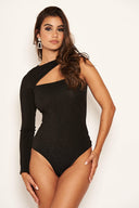 Black Sparkle One Shoulder Cut Out Bodysuit