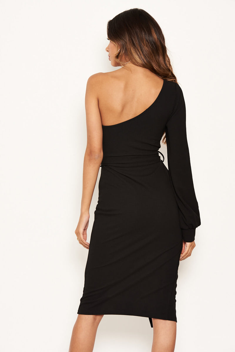 Black Split Sleeve One Shoulder Bodycon Midi Dress