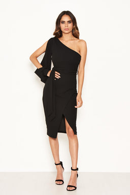 Black Split Sleeve One Shoulder Bodycon Midi Dress