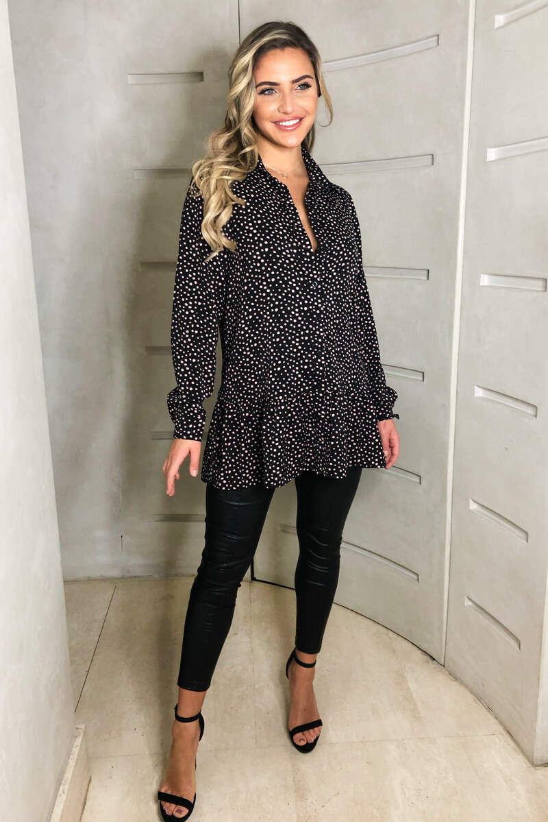 Black Spotty Frill Hem Shirt Dress