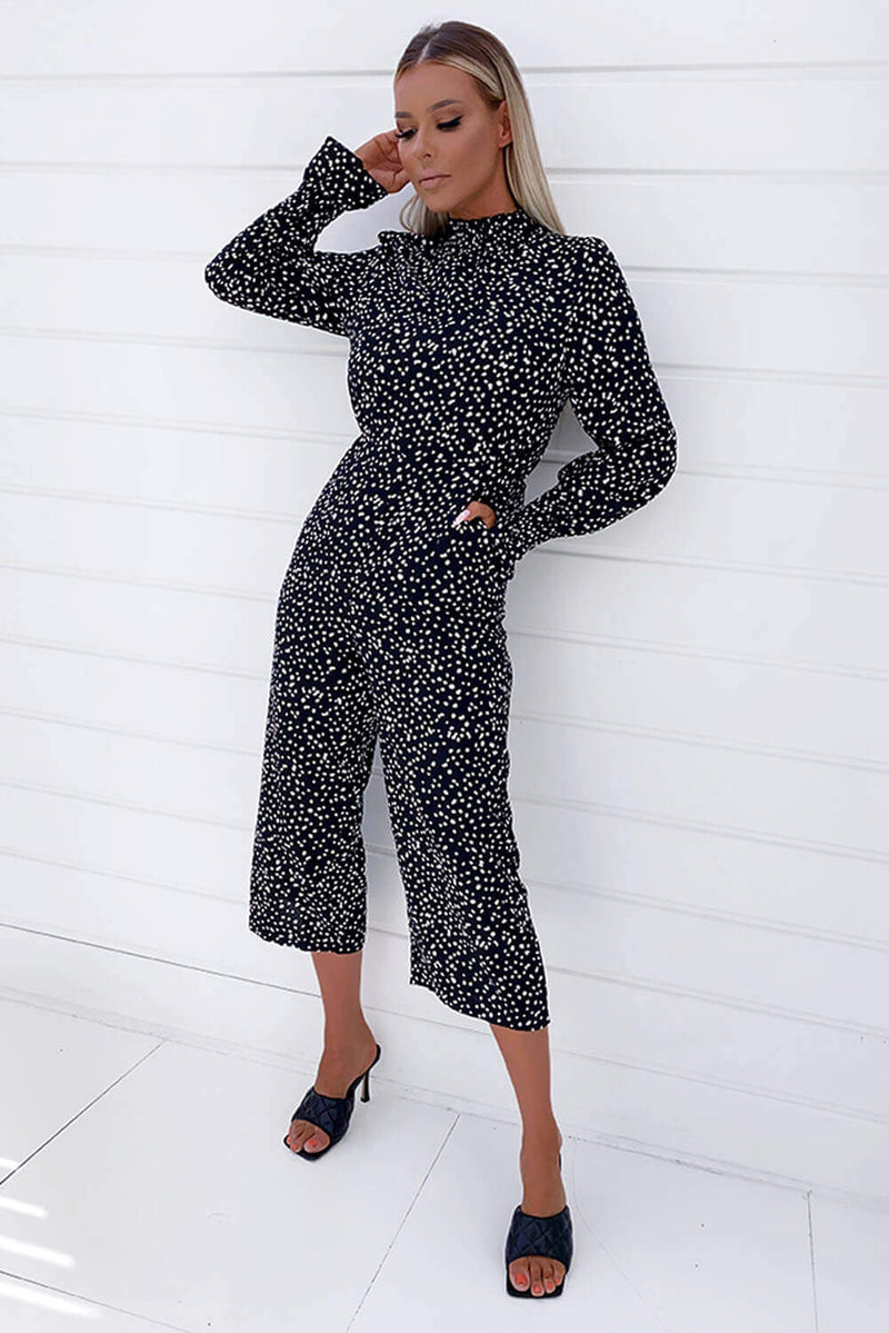 Black Spotty High Neck Elastic Jumpsuit