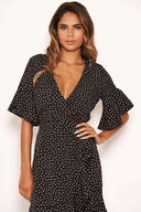 Black Spotty Wrap Frill Dress