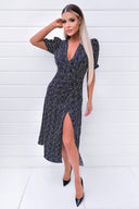 Black Spotty Wrap Over Split Midi Dress