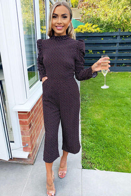 Black Square Printed Ruched Sleeve Jumpsuit