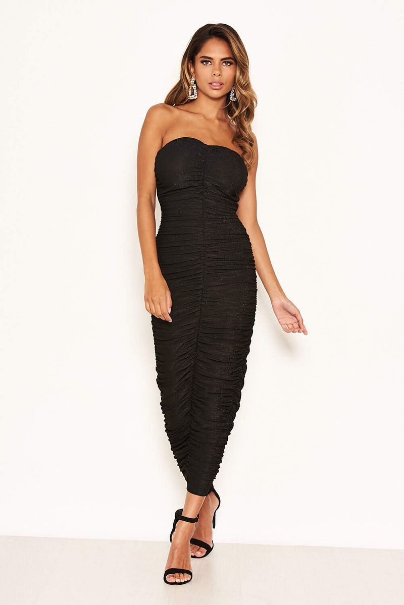 Black Strapless Ruched Sparkle Dress