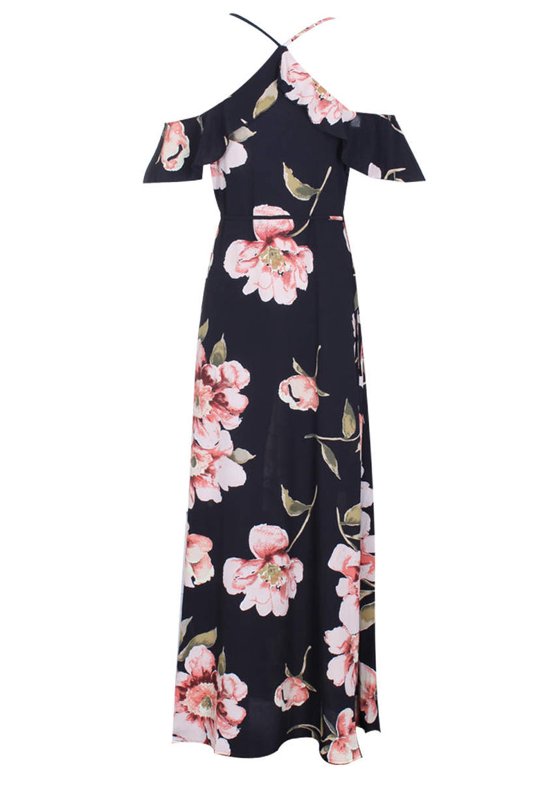 Black Strappy Floral Patterned Maxi Dress