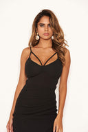 Black Strappy Ruched Bodycon Dress