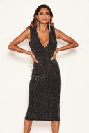 Black Stretch Sequin Deep V Neck Midi Dress