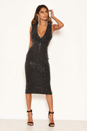 Black Stretch Sequin Deep V Neck Midi Dress