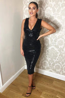 Black Stretch Sequin Deep V Neck Midi Dress