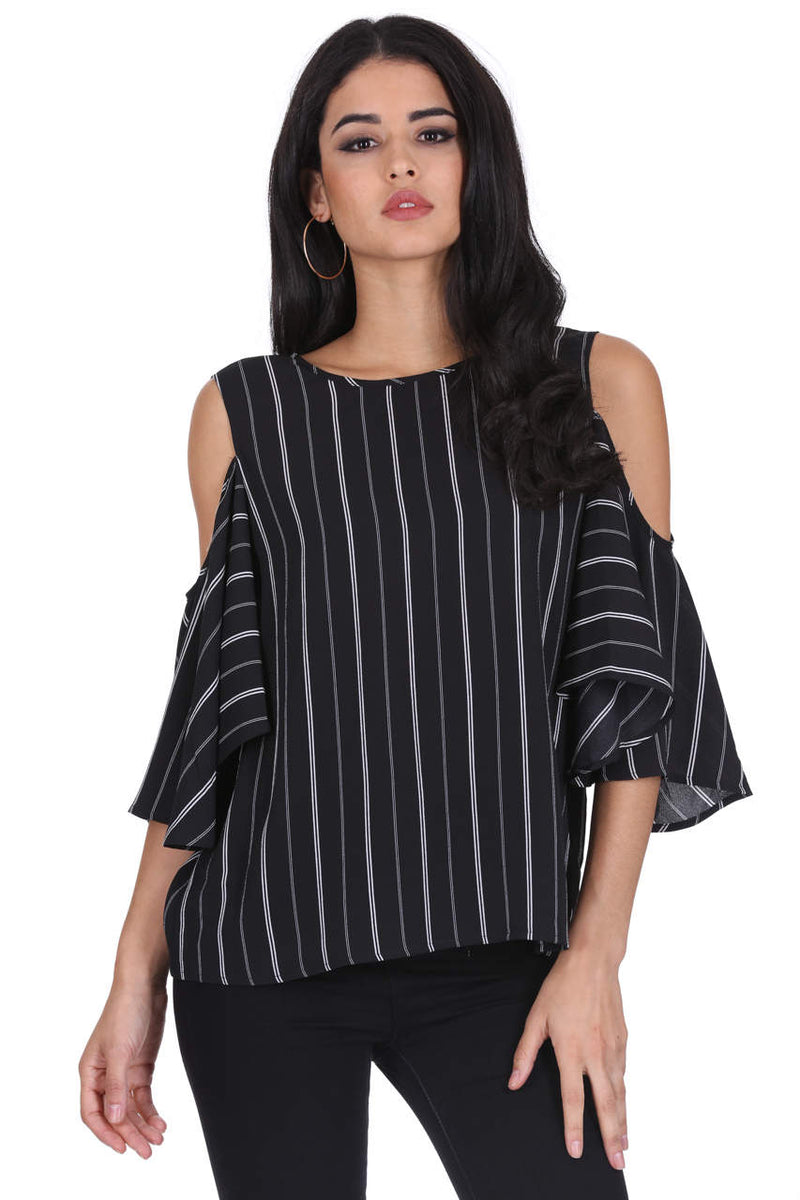 Black Striped Cut Out Shoulder Top