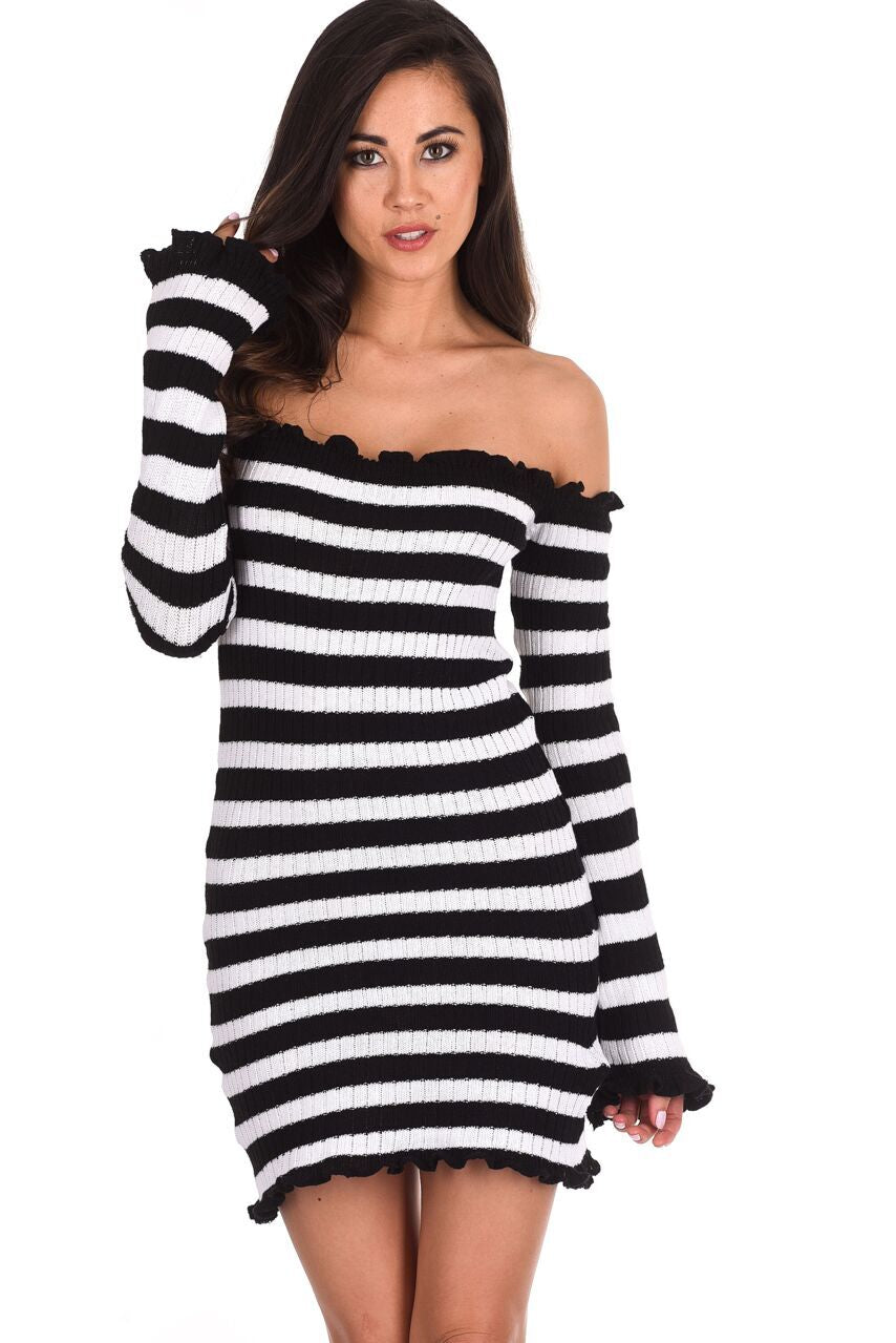Black Striped Off The Shoulder Knit Dress  AX Paris