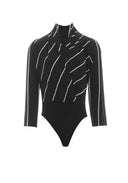 Black Striped Plunge Bodysuit