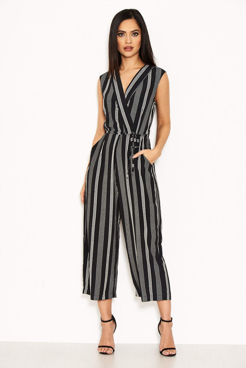 Black Striped Tie Waist Jumpsuit