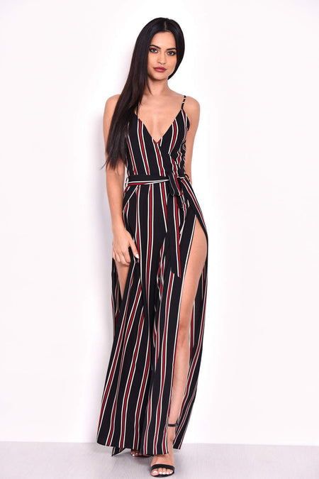 Black Striped Tie Waist Split Leg Jumpsuit