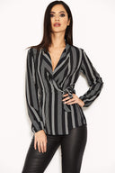 Black Striped Tie Waist Wrap Top