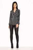 Black Striped Tie Waist Wrap Top