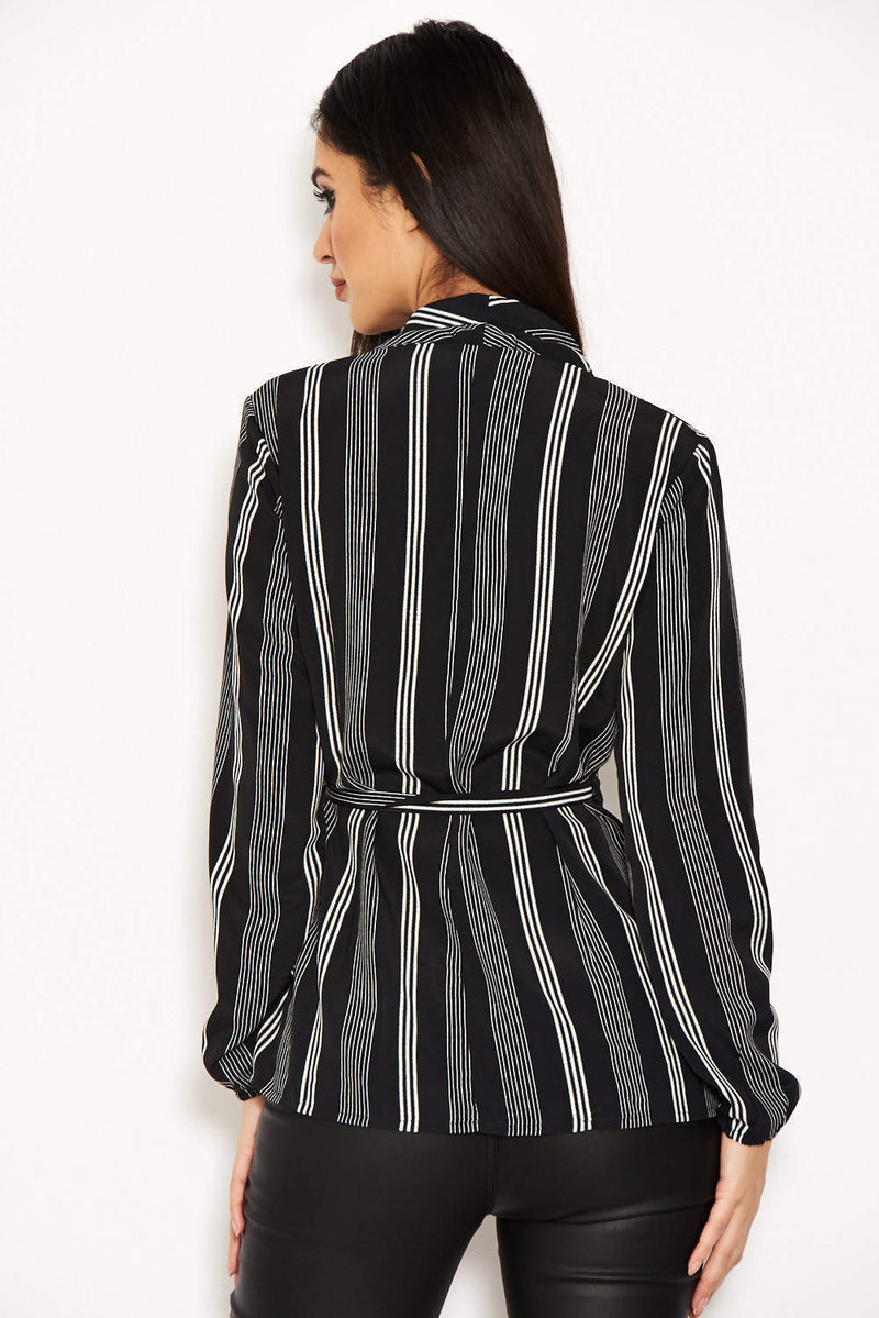 Black Striped Tie Waist Wrap Top