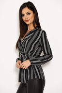 Black Striped Tie Waist Wrap Top