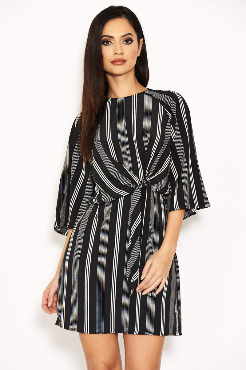 Black Striped Wrap Mini Dress With Tie Front