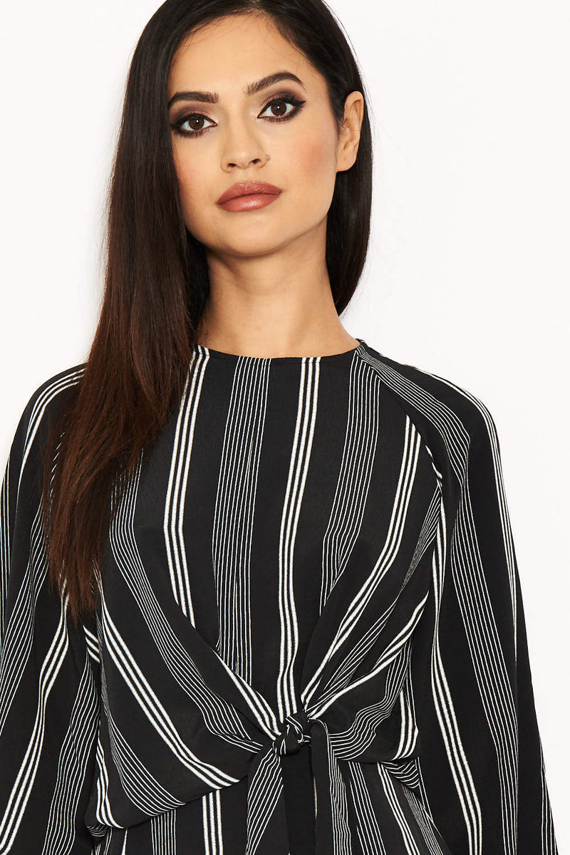 Black Striped Wrap Mini Dress With Tie Front