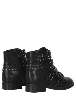 Black Studded Buckle Ankle Boots