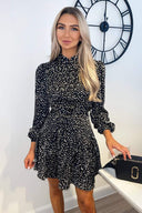 Black Tie Waist Button Up Long Sleeve Dress