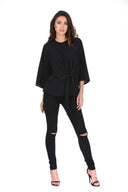 Black Tie Waist Flared Sleeve Top